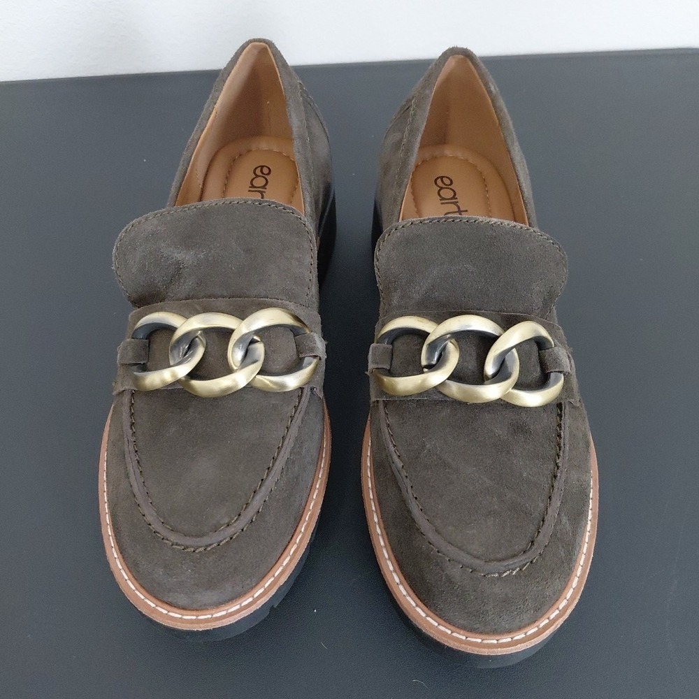 EARTH Lug Loafers Womens 9M Dark Khaki Etzalor Leather Chain Comfort Chic NEW - Picture 2 of 9